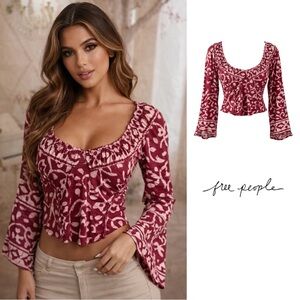 NEW Free People On The Block Bell Sleeve Top - Berry Combo